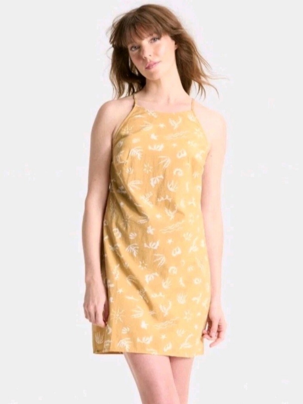 NWT A New Day Halter Mini Dress Tan Seashell Print Open Tie Back Resort Beach M